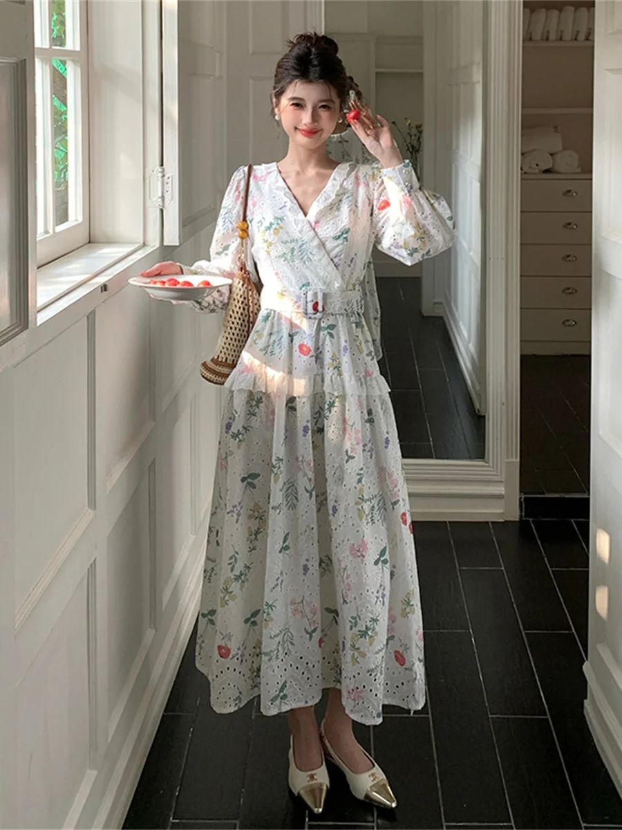 French Vintage Floral Midi Dress - Abito midi floreale con maniche a