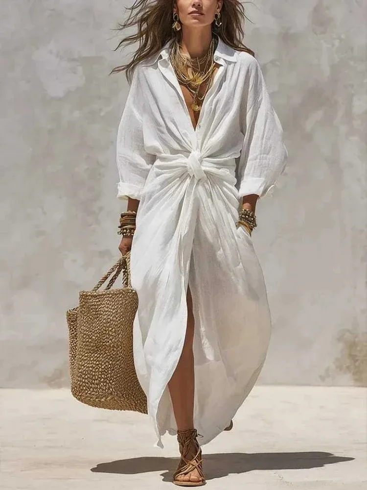 Casual Loose Linen Shirt Dress - Abito lungo da donna in lino