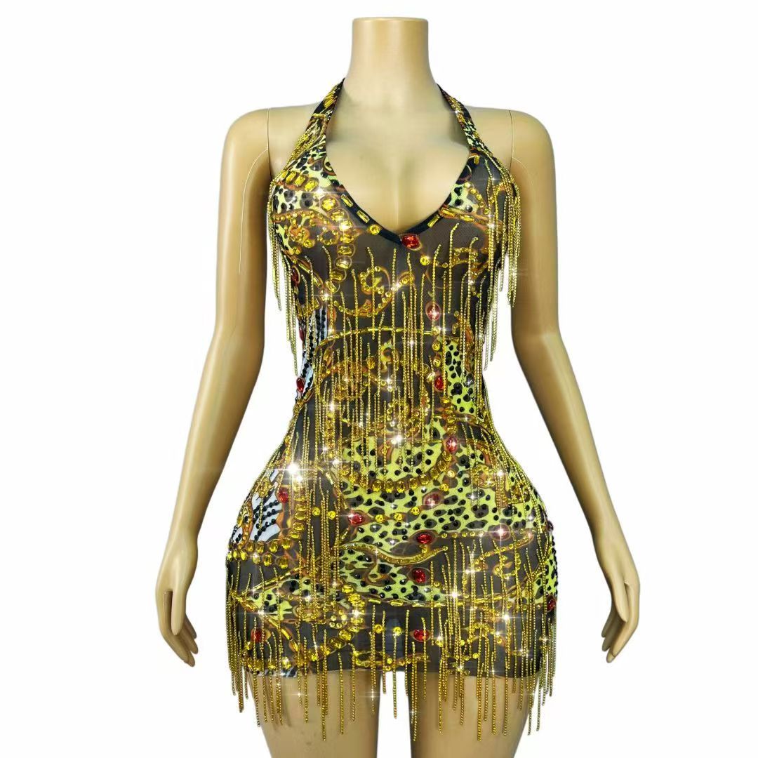 Sparkly Rhinestone Club Party Dress - Abito Mini Bodycon con Strass Dorati