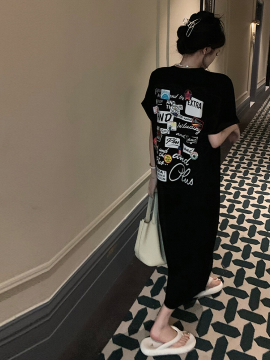 Korean Style A Line Shirt Dress - Abito T-shirt nero a maniche corte